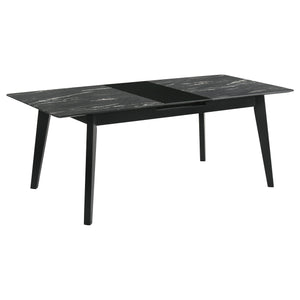 English Elm Bellingham Black Faux Marble Dining Table with Self-Storing Extension Leaf and Splayed Legs, Versatile Elegance B062P354064