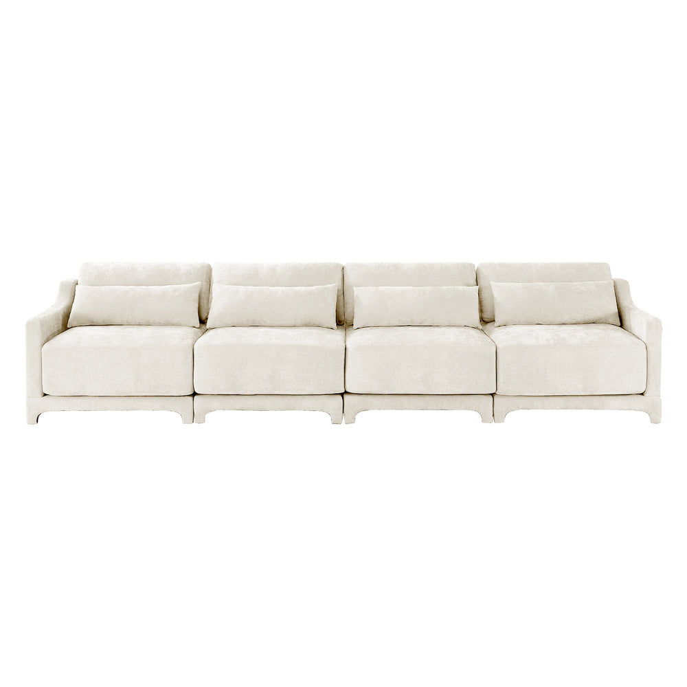 English Elm Four-Seater Chenille Sofa - Ergonomic Design, Solid Wood Frame, Lumbar Pillows, Stylish Beige Comfort W714S01200