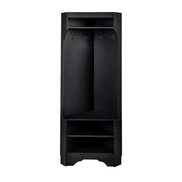 English Elm Minimalist White Corner Hall Tree with Bench Shoe Storage and Four Entryway Hooks N721P401788B