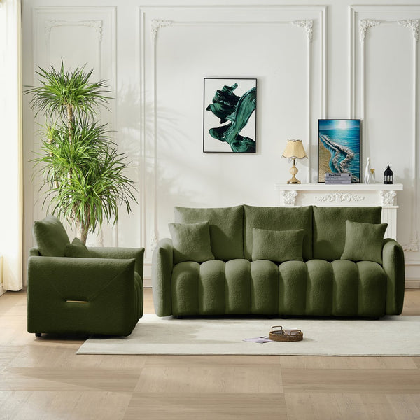 English Elm 80.7 Inch Plush Teddy Velvet 3 Seat Sofa Solid Wood Frame with Six Included Cushions Army Green W2564S00069