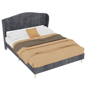 English Elm Suede Tufted Platform Bed Full Size Upholstered Headboard for Restful Bedroom Retreat Grey W1935P361013