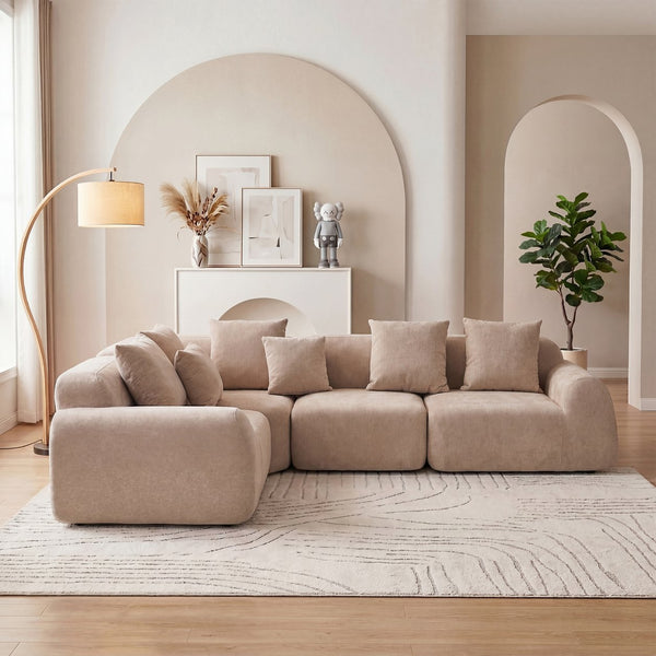 English Elm Oversized Velvet Cloud Sectional with Memory Foam Cushioning and L-shape Chaise Lounge Beige W3728S00013