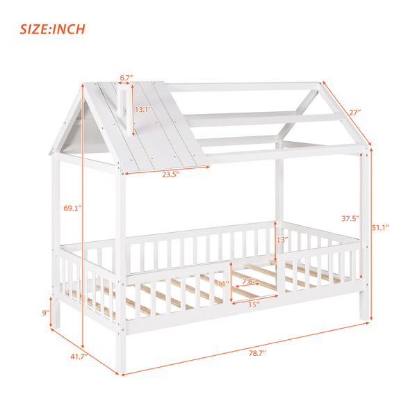 English Elm Twin House Bed Solid Pine Frame Cottage Roofline Slatted Rails Kids Bedroom Nook N708P296396K