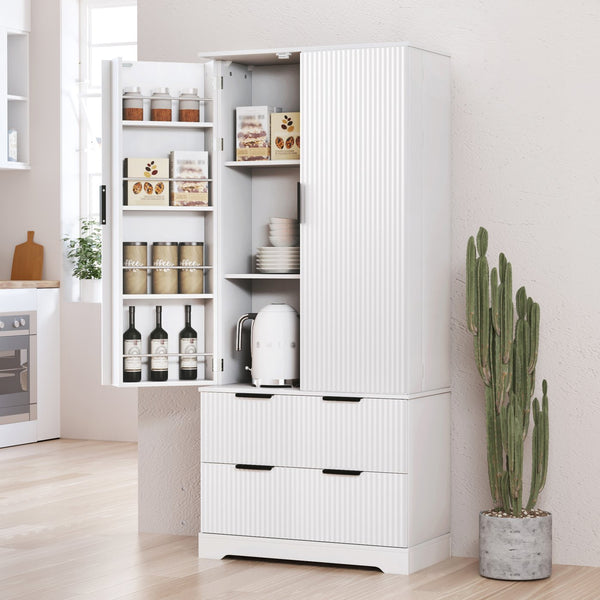English Elm 72" Modern Fluted Pantry Cabinet with 2 Large Silent Drawers, 8-Door Spice Rack & Adjustable Shelf Organizer White W2917P294993