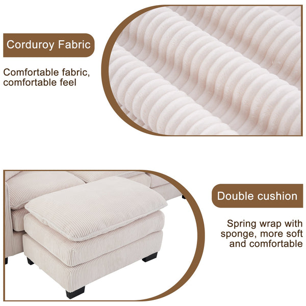 English Elm Modern U Shaped 6-Seat Sectional Sofa with Ottoman and 3 Toss Pillows, Corduroy Modular Comfort and Durable Frame White W2363S00039