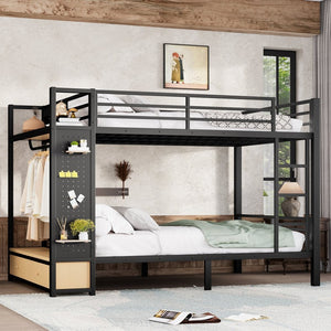 English Elm Queen Over Queen Metal Bunk Bed With Storage Shelves & Drawers - Stylish Space-Saving Solution For Teens W1580S00235-GIGA