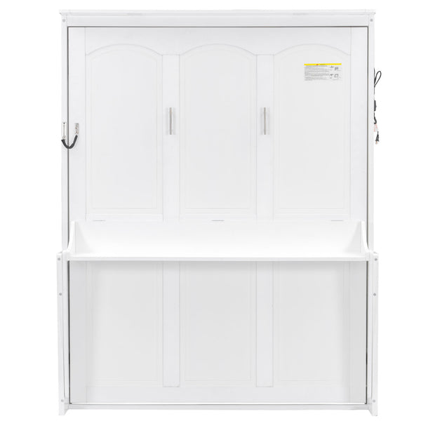 English Elm Queen Murphy Bed with Desk, Built-In LED Lights, USB Charging Ports & Space-Saving Modern Design White N7500004014K