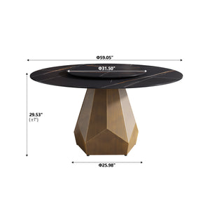 English Elm 59.05" Round Sintered Stone Dining Table Seats Eight with Brass Base and Turntable W1535S00566