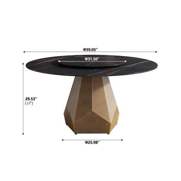 English Elm 59.05" Round Sintered Stone Dining Table Seats Eight with Brass Base and Turntable W1535S00566