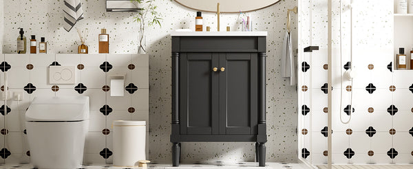 English Elm 24'' Modern Bathroom Vanity with Ceramic Basin, Solid Wood Frame, Soft-Close Doors, Ample Storage Black N710P190503B