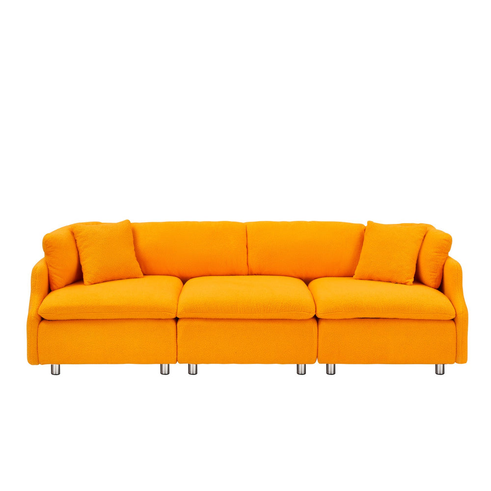 English Elm 95.3 Teddy Two Throw Pillow 3-Seat Sofa with Plush Teddy Fabric, Solid Wood Frame and Metal Legs Orange W1278S00071