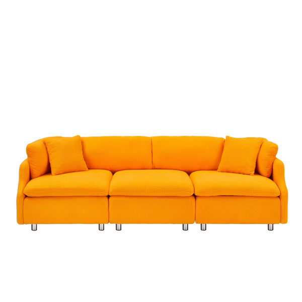 English Elm 95.3 Teddy Two Throw Pillow 3-Seat Sofa with Plush Teddy Fabric, Solid Wood Frame and Metal Legs Orange W1278S00071