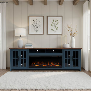 English Elm 97 Inch Fireplace TV Stand Console - Two-Tone Blue Denim & Whiskey, Poplar/Alder Build, 100" TV, 42" Electric Insert, Remote, Cable Mgmt B108P160235