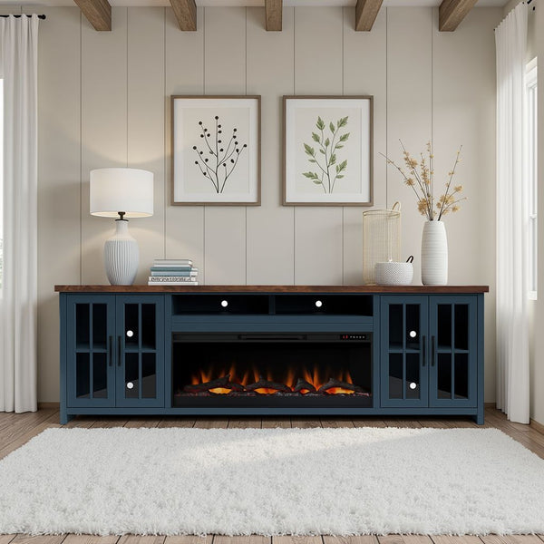English Elm 97 Inch Fireplace TV Stand Console - Two-Tone Blue Denim & Whiskey, Poplar/Alder Build, 100" TV, 42" Electric Insert, Remote, Cable Mgmt B108P160235