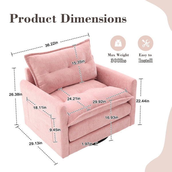 English Elm UNITED Swivel Barrel Chair with Chenille Upholstery, 360° Smooth Rotation, Padded Arm Comfort and Side Pockets for Living Room Relaxation Pink W1568P290091