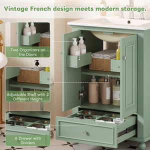 English Elm 24'' French Style Bathroom Vanity with Ceramic Sink Soft Close Cabinet and Drawer Green N710P411227F