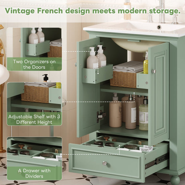 English Elm 24'' French Style Bathroom Vanity with Ceramic Sink Soft Close Cabinet and Drawer Green N710P411227F