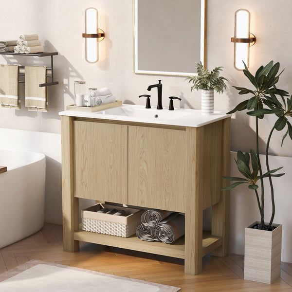 English Elm Christopher Knight Home® - 36" Modern Wall-Mounted Bathroom Vanity with Ceramic Sink, Soft-Close Doors, Fluted Accent & Open Shelves Antique Natural N817P245321N