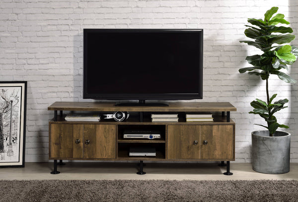 English Elm Ensata Rustic Oak TV Stand with Black Metal Frame, Water Pipe Style, 4 Open + 4 Door Storage, 60" B2726P278165