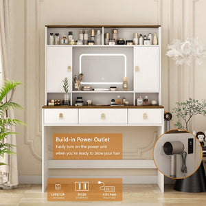 English Elm Farmhouse Vanity with Lighted Mirror Drawers and Styling Tool Storage for Bedroom W1321P423039