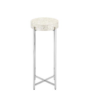 Currey & Company Gerri Dot Mother Of Pearl Drinks Table - Timeless Elegance With Polished Nickel Frame For Any Space Silver Mother Of Pearl ,Stainless Steel ,Engineered Wood 4000-0224-currey-company