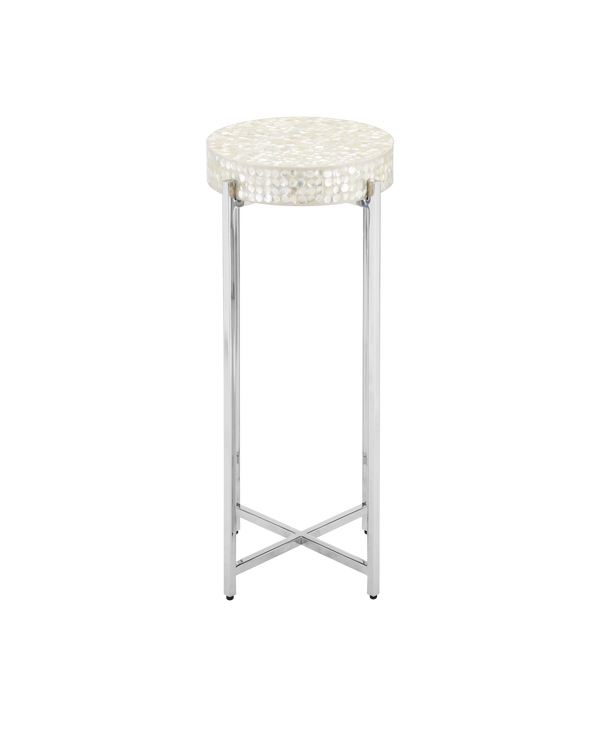 Currey & Company Gerri Dot Mother Of Pearl Drinks Table - Timeless Elegance With Polished Nickel Frame For Any Space Silver Mother Of Pearl ,Stainless Steel ,Engineered Wood 4000-0224-currey-company