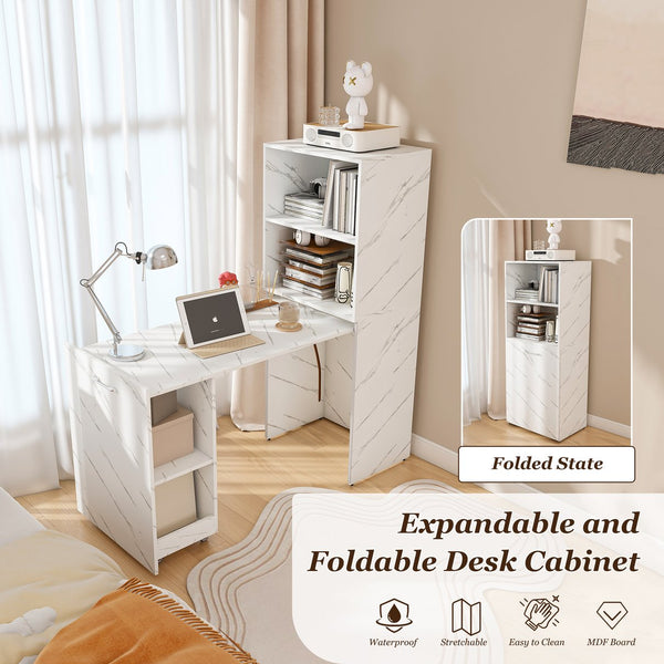 English Elm Stretchable expandable office desk with magnetic fold, lockable casters, adjustable shelves for storage and space-saving White Marble W509P355682