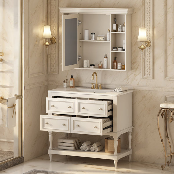 English Elm 36'' Modern Bathroom Vanity with Ceramic Sink and Medicine Cabinet, Solid Wood Frame, 4 Drawers, Waterproof Finish Beige SW000138AAY-1