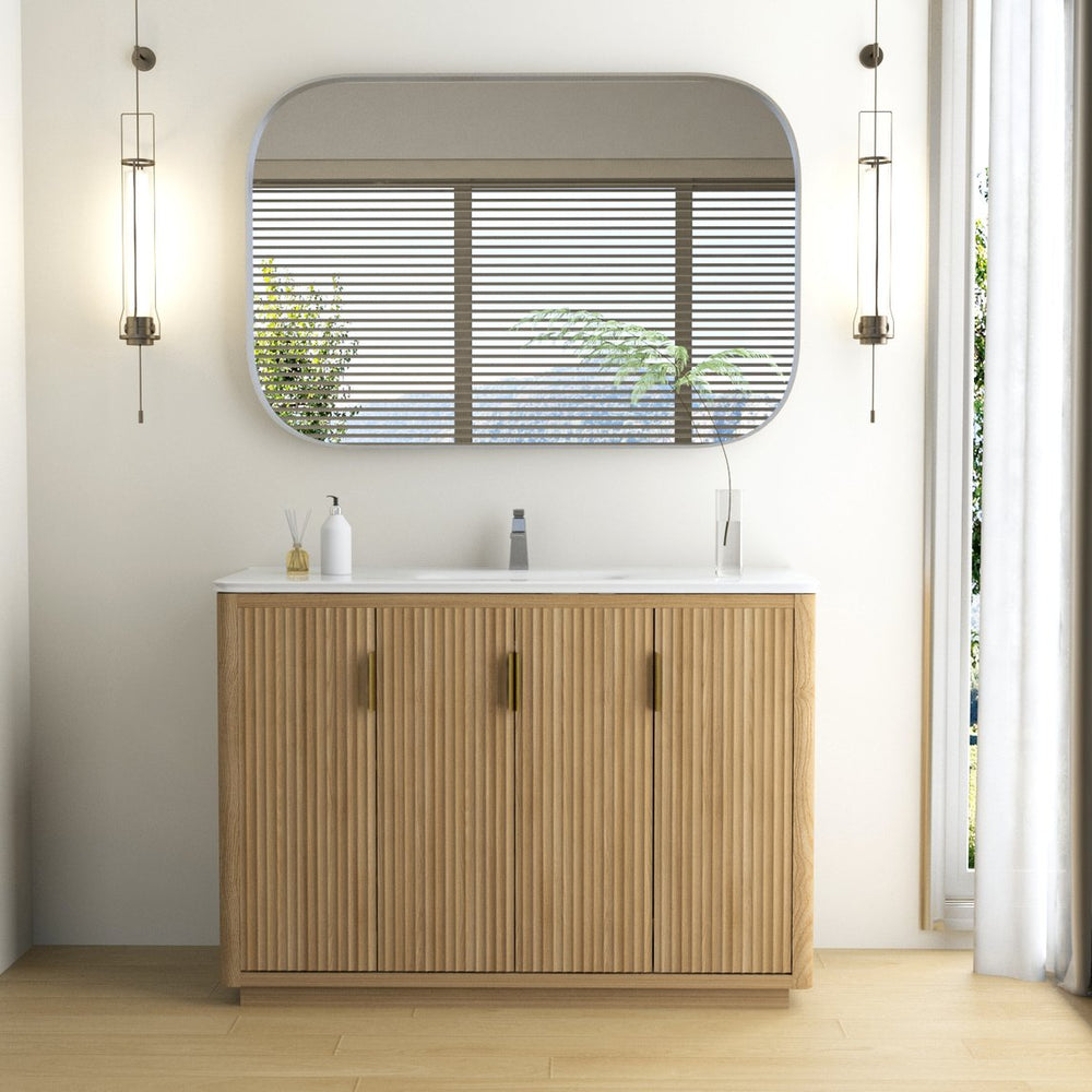 English Elm 48 Inch Freestanding Vanity Natural Wood Grain Four Door Storage Gold Pulls Ceramic Sink W3235S00006