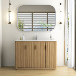 English Elm 48 Inch Freestanding Vanity Natural Wood Grain Four Door Storage Gold Pulls Ceramic Sink W3235S00006