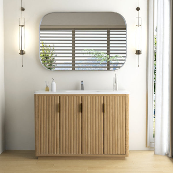 English Elm 48 Inch Freestanding Vanity Natural Wood Grain Four Door Storage Gold Pulls Ceramic Sink W3235S00006