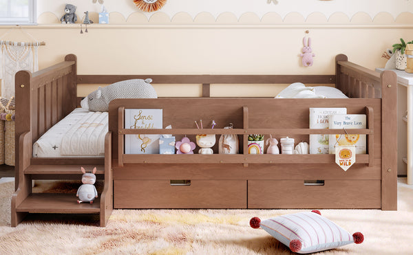 English Elm Twin Kids Platform Bed with Trundle Staircase Bookshelf and Rounded Safety Rails Natural W1580S00540