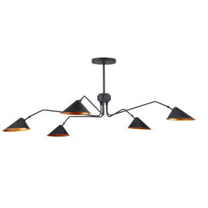 Serpa Black Chandelier: Vintage Mid-Century Modern Wrought Iron Fixture with Gold Leaf Shades, 5 Lights