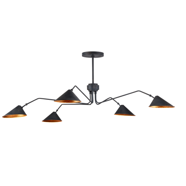 Serpa Black Chandelier: Vintage Mid-Century Modern Wrought Iron Fixture with Gold Leaf Shades, 5 Lights