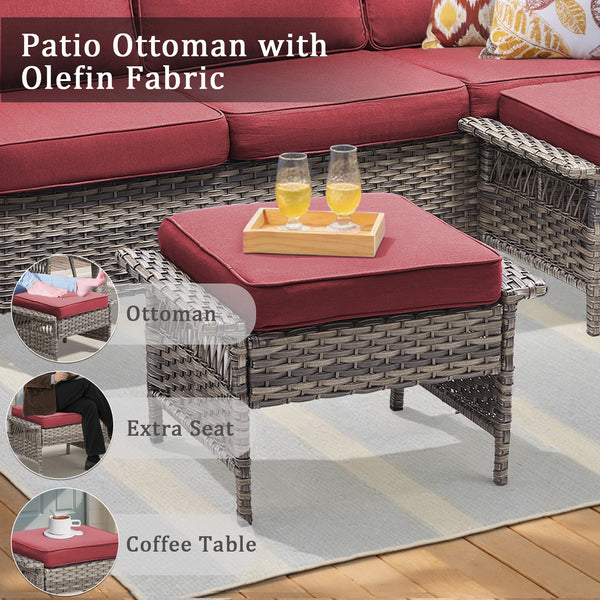 English Elm Outdoor Handwoven Pe Wicker Ottoman Set Patio Footrests with Weather Resistant Cushions Red T3773P416511