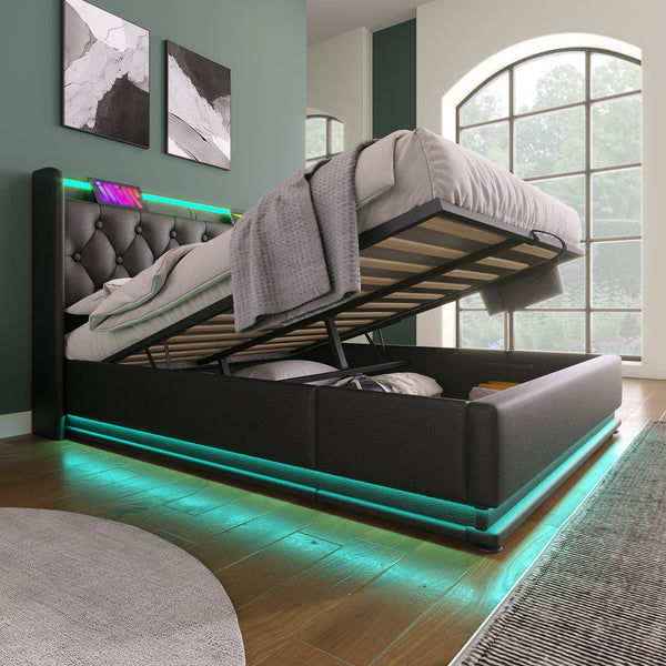English Elm Queen Upholstered Bed with Surround LED, App/Remote Control, Hydraulic Storage, USB Type-C Charging Black N736P188807B