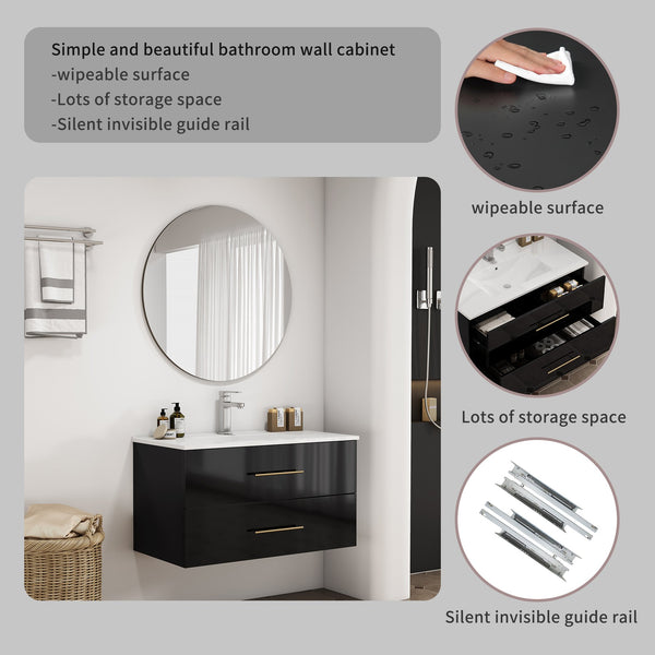 English Elm 36-Inch Modern Wall-Mounted Bathroom Vanity With Gold Handle & Integrated Sink For Stylish Storage W3151S00056