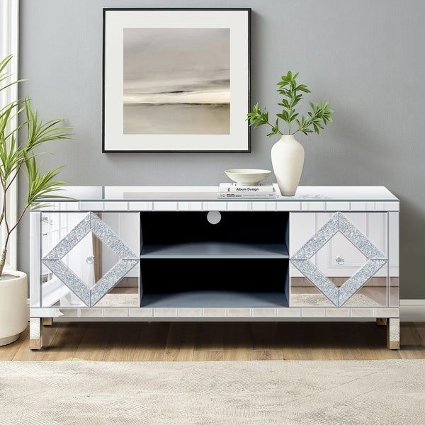 English Elm Mirrored Tv Stand For 65"+ Tvs - Antique Silver Console With Open Storage & Stylish Diamond Doors W1445P204027