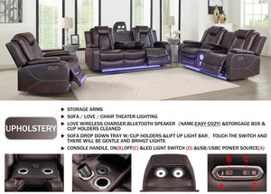 English Elm Violetglow Reclining Sofa with Led Lighting Wireless Charging and Bluetooth Speakers Brown B2730S00033