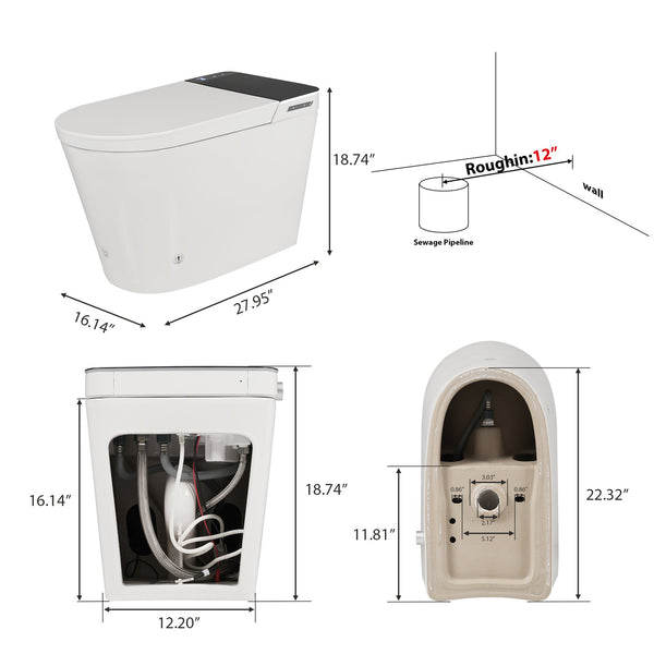 English Elm Tankless Smart Bidet Toilet with Heated Seat, Warm Air Dryer, Auto Open/Close & Remote Control N753P256132G