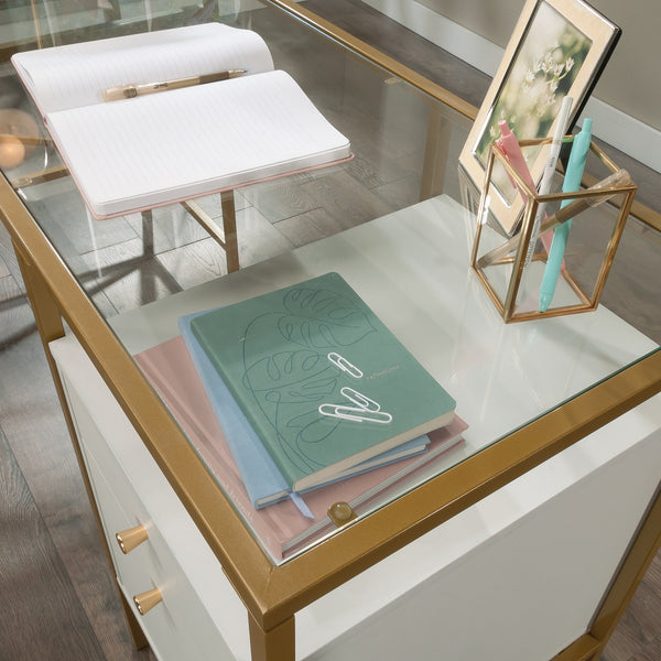 English Elm L-Shaped Desk With Elegant White Finish & Gold Accents - Spacious, Stylish, Multifunctional Workspace B356P367736