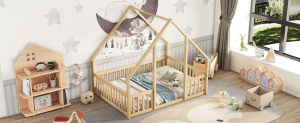 English Elm Full House-Shaped Floor Bed with Fence and Guardrails, Pine Wood Play Loft for Imaginative Kids Retreat Natural W504P143295