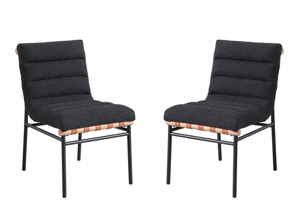 English Elm Liana Boucle Upholstered Dining Chairs Set of 2 with Cognac Leather Accents Iron Legs Black B2749P413189