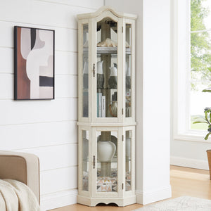 English Elm Lighted Corner Curio Cabinet With Adjustable Shelves & Integrated Lighting - Elegant White Oak Display W1758P300125