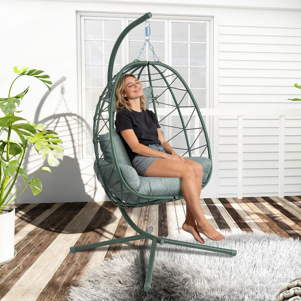 English Elm Hanging Egg Swing Chair Pe Wicker Foldable Frame with Cushion for Patio or Bedroom T5880P497576