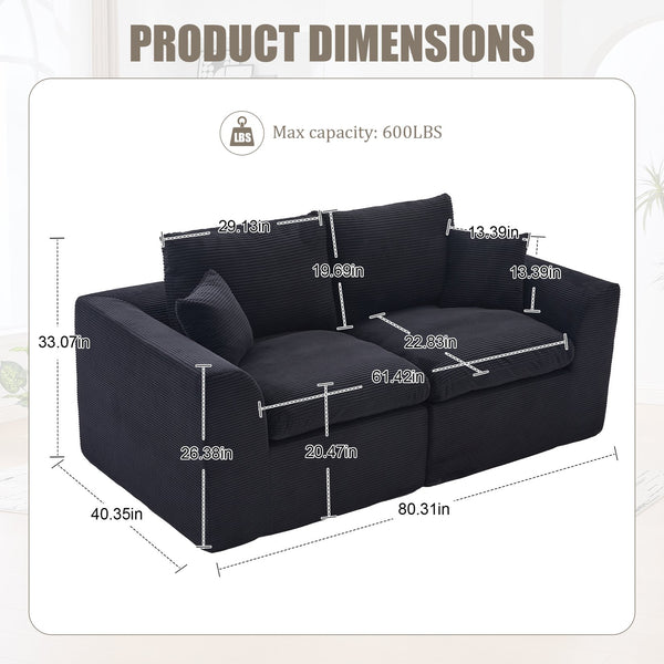 English Elm UNITED Cloud Couch Modular Sectional Sofa with Corduroy Cover, Ergonomic 2-Seater, No Assembly Needed Black W1568P371120