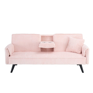 English Elm Minimalist Corduroy Reclining Sofa with Convertible Flat Sleeper and Cup Holder Pink W3356P421779