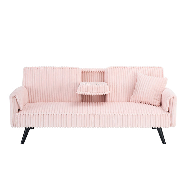 English Elm Minimalist Corduroy Reclining Sofa with Convertible Flat Sleeper and Cup Holder Pink W3356P421779