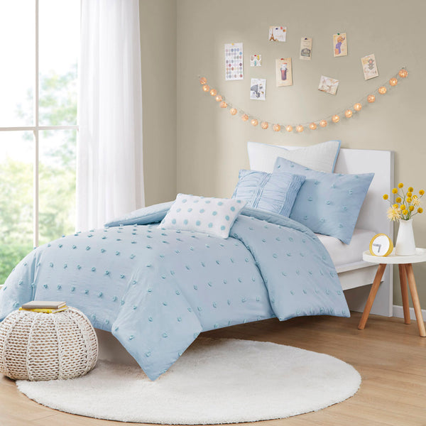 JLA Home Urban Habitat - Cotton Brooklyn Cotton Jacquard Duvet Cover Set with Tufted Chenille Dots, Euro Shams, Pillows Blue UH12-2156