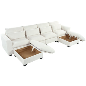 English Elm U_style Modular U-shaped Sectional Sofa with Storage Ottomans Linen Polyester 6 Seat Beige WY000462AAA